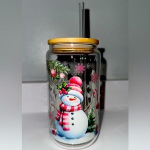 Festive Snowman Glass Tumbler with Straw